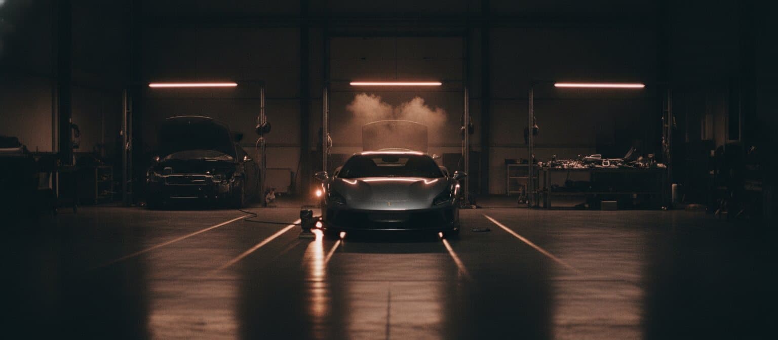 Drei Arbeitsplätze in der Aufbereitungshalle von TopCar bei Nacht