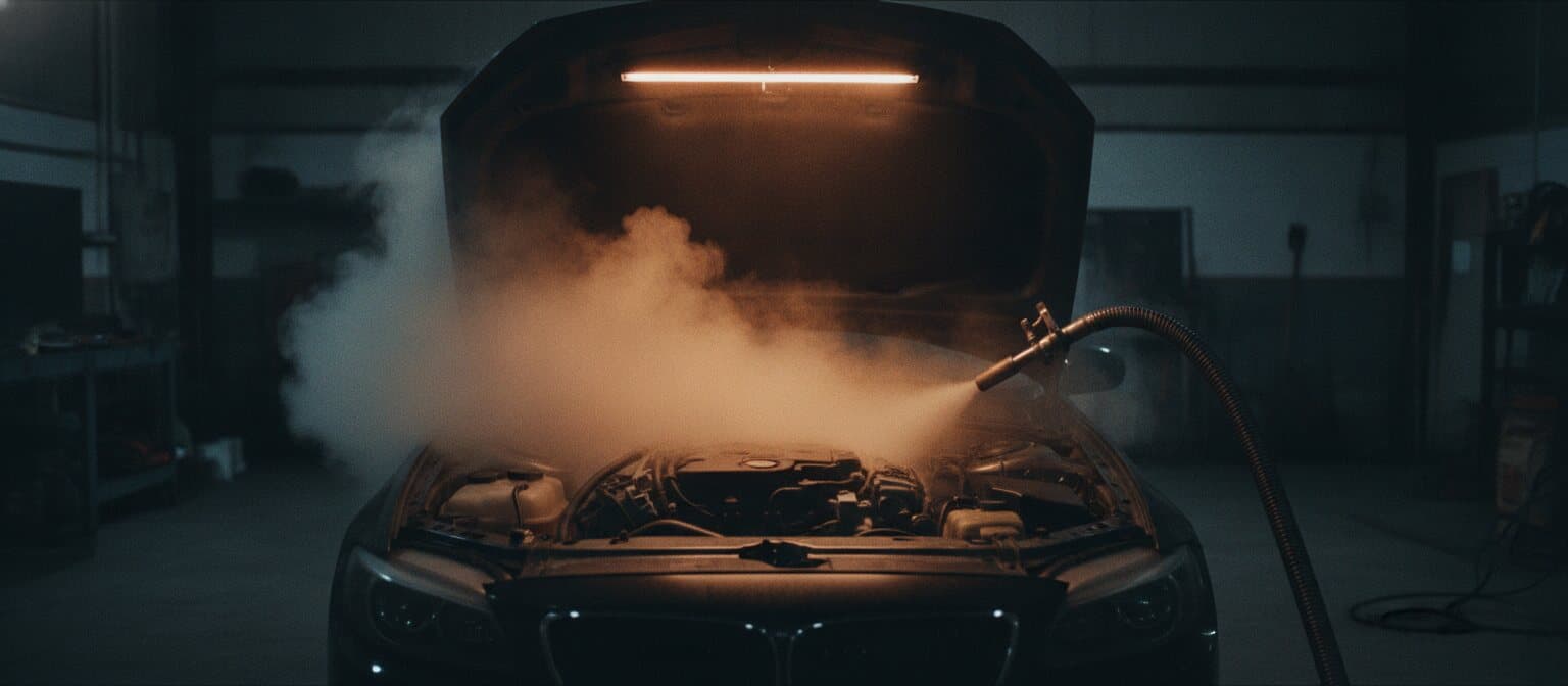 Weißer CO₂-Nebel quillt aus einem offenen Motorraum beim Trockeneisstrahlen