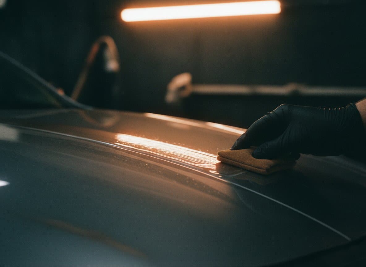 Applikator zieht einen nassen Film Keramikversiegelung über die Motorhaube