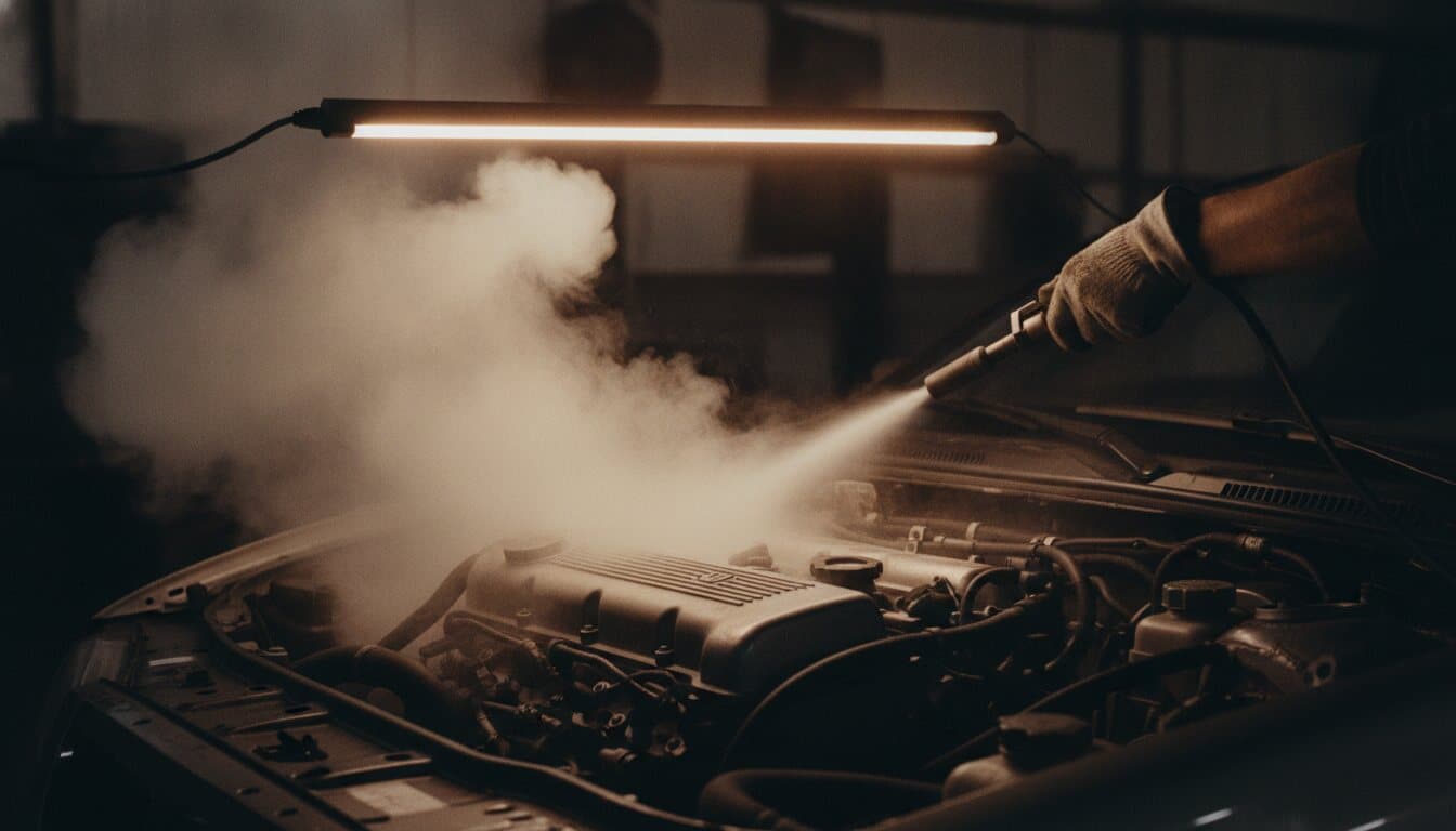 Trockeneisstrahlen im offenen Motorraum: die Düse arbeitet Bahn für Bahn, weißer CO₂-Nebel steigt auf